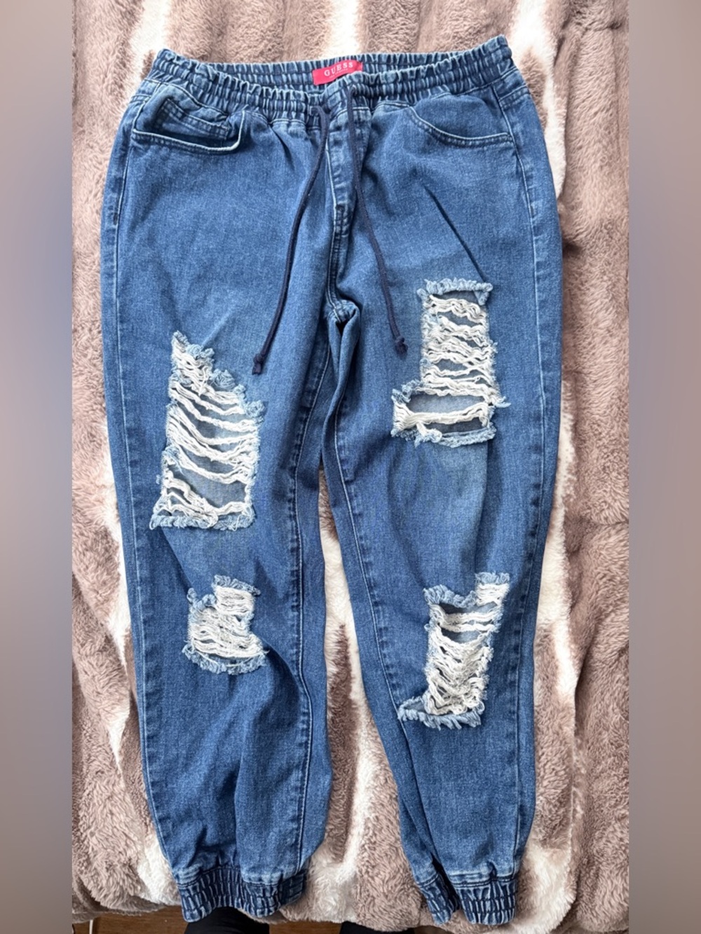 Guess Ripped Blue Boyfriend Jogger Jeans with Elastic Waist size medium